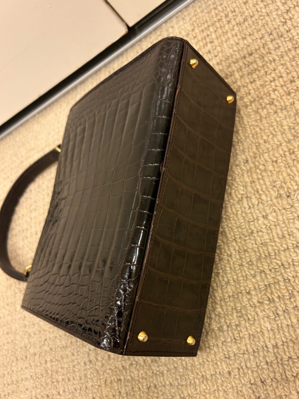 Vtg Celine logo ring dark brown Croc-Embossed exotic skin Top Handle Bag purse - Picture 11 of 16